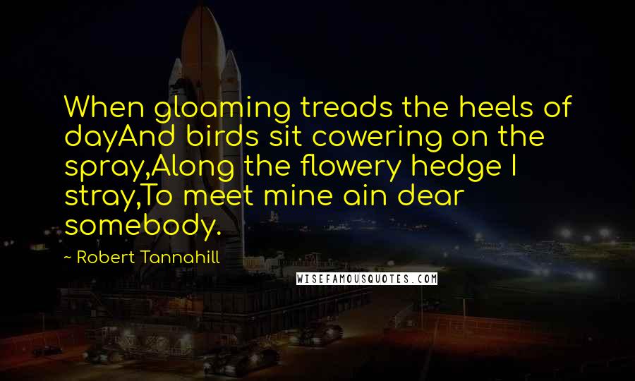 Robert Tannahill Quotes: When gloaming treads the heels of dayAnd birds sit cowering on the spray,Along the flowery hedge I stray,To meet mine ain dear somebody.