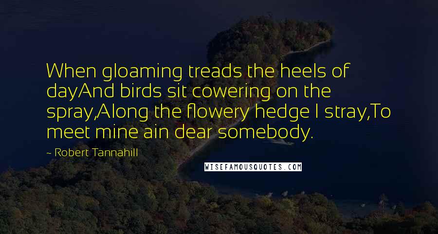 Robert Tannahill Quotes: When gloaming treads the heels of dayAnd birds sit cowering on the spray,Along the flowery hedge I stray,To meet mine ain dear somebody.