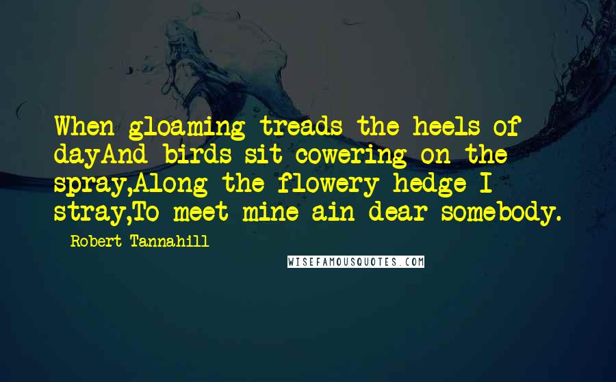 Robert Tannahill Quotes: When gloaming treads the heels of dayAnd birds sit cowering on the spray,Along the flowery hedge I stray,To meet mine ain dear somebody.