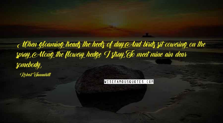 Robert Tannahill Quotes: When gloaming treads the heels of dayAnd birds sit cowering on the spray,Along the flowery hedge I stray,To meet mine ain dear somebody.