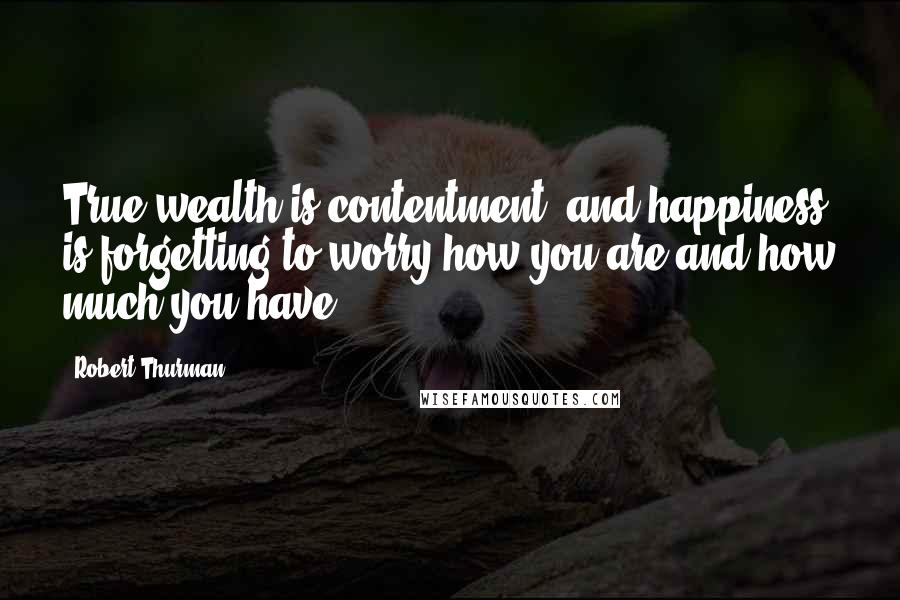 Robert Thurman Quotes: True wealth is contentment, and happiness is forgetting to worry how you are and how much you have.