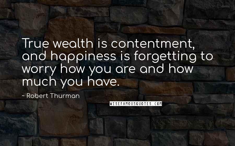 Robert Thurman Quotes: True wealth is contentment, and happiness is forgetting to worry how you are and how much you have.