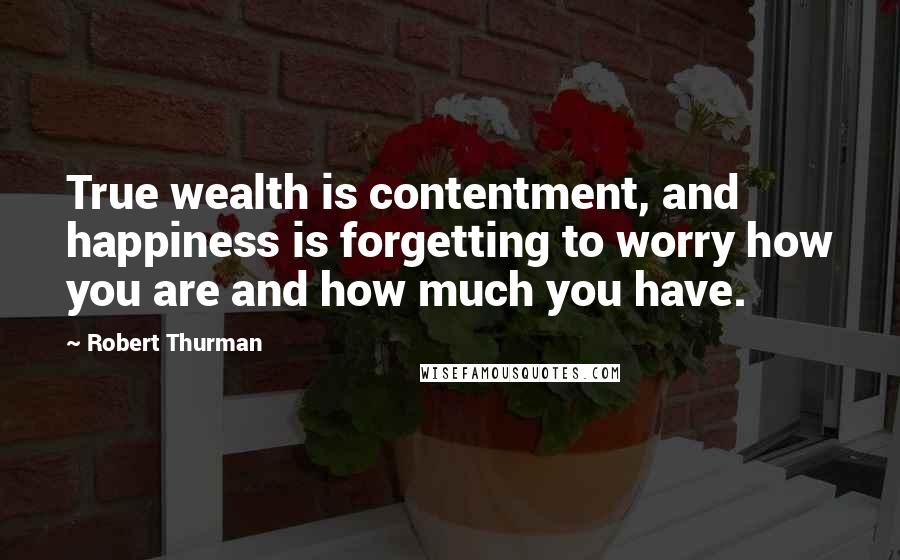 Robert Thurman Quotes: True wealth is contentment, and happiness is forgetting to worry how you are and how much you have.