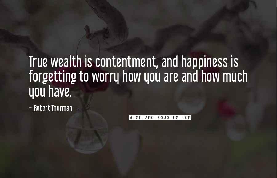 Robert Thurman Quotes: True wealth is contentment, and happiness is forgetting to worry how you are and how much you have.