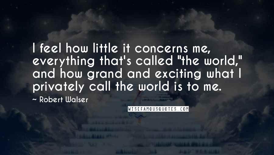 Robert Walser Quotes: I feel how little it concerns me, everything that's called "the world," and how grand and exciting what I privately call the world is to me.