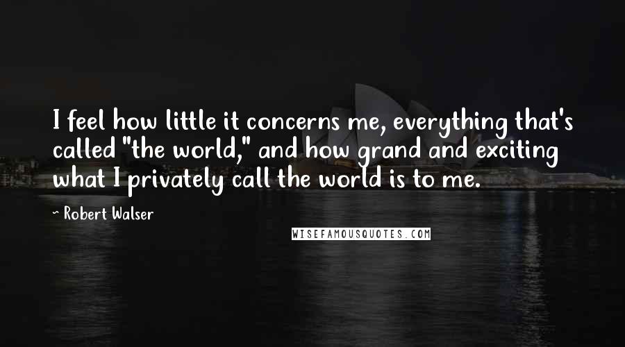 Robert Walser Quotes: I feel how little it concerns me, everything that's called "the world," and how grand and exciting what I privately call the world is to me.