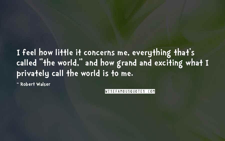 Robert Walser Quotes: I feel how little it concerns me, everything that's called "the world," and how grand and exciting what I privately call the world is to me.