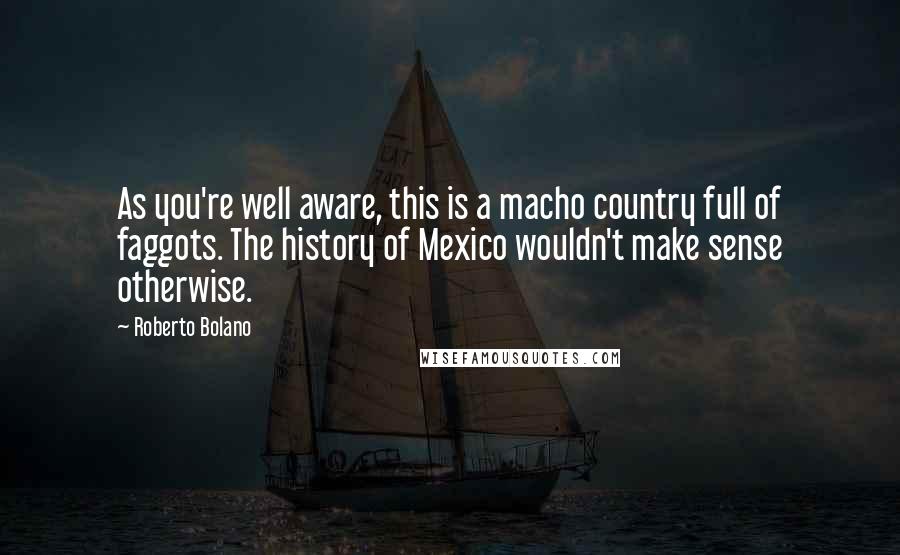 Roberto Bolano Quotes: As you're well aware, this is a macho country full of faggots. The history of Mexico wouldn't make sense otherwise.