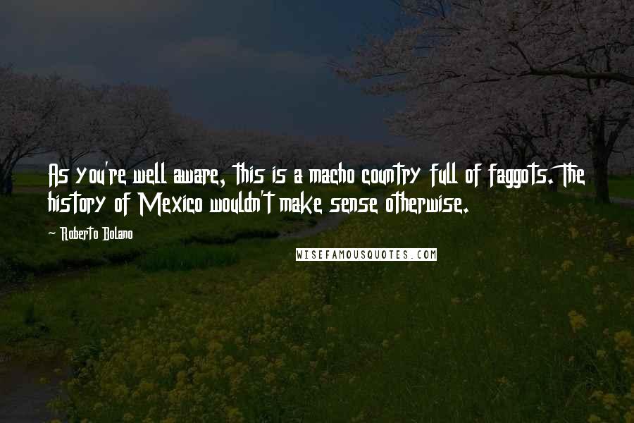 Roberto Bolano Quotes: As you're well aware, this is a macho country full of faggots. The history of Mexico wouldn't make sense otherwise.