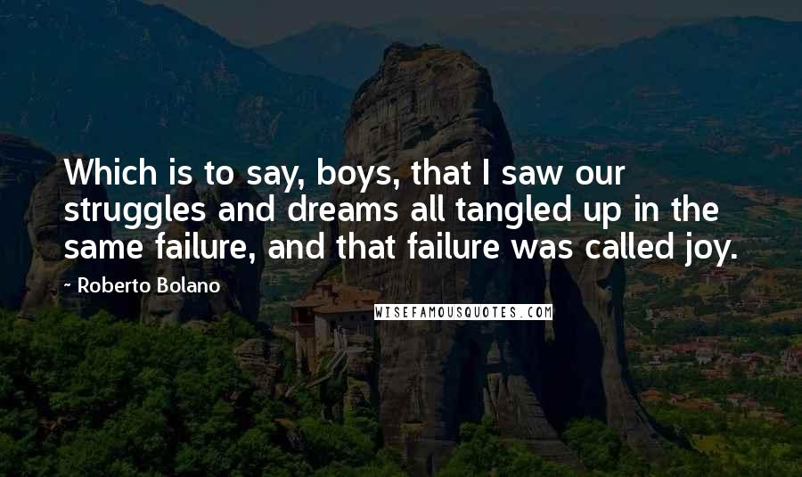 Roberto Bolano Quotes: Which is to say, boys, that I saw our struggles and dreams all tangled up in the same failure, and that failure was called joy.