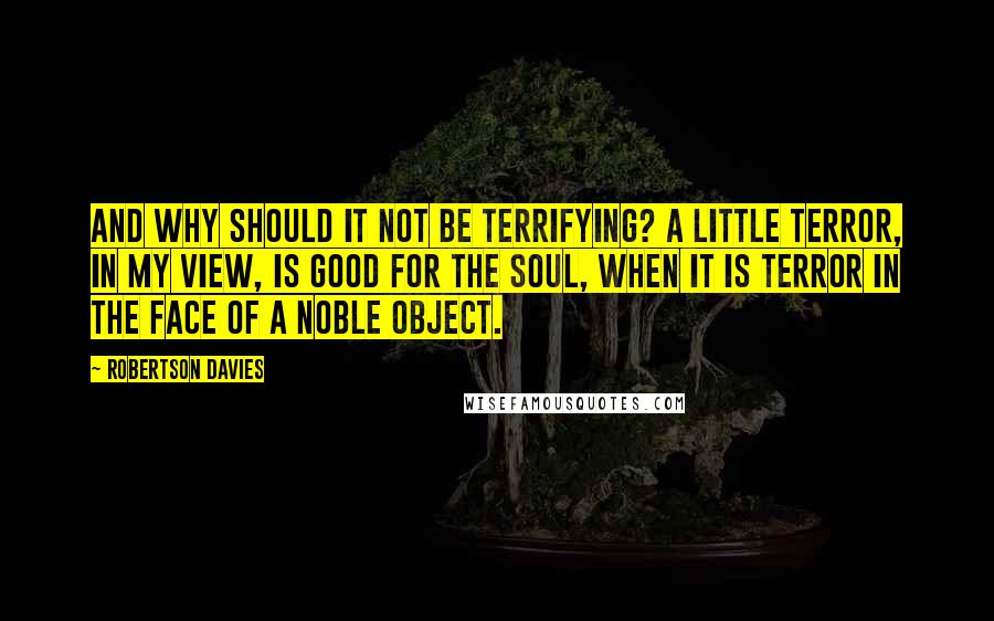 Robertson Davies Quotes: And why should it not be terrifying? A little terror, in my view, is good for the soul, when it is terror in the face of a noble object.