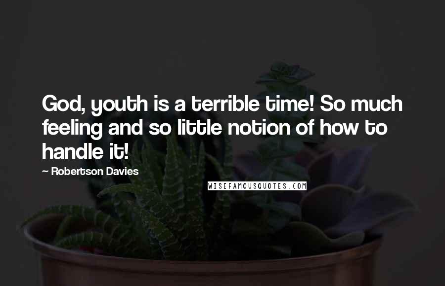 Robertson Davies Quotes: God, youth is a terrible time! So much feeling and so little notion of how to handle it!