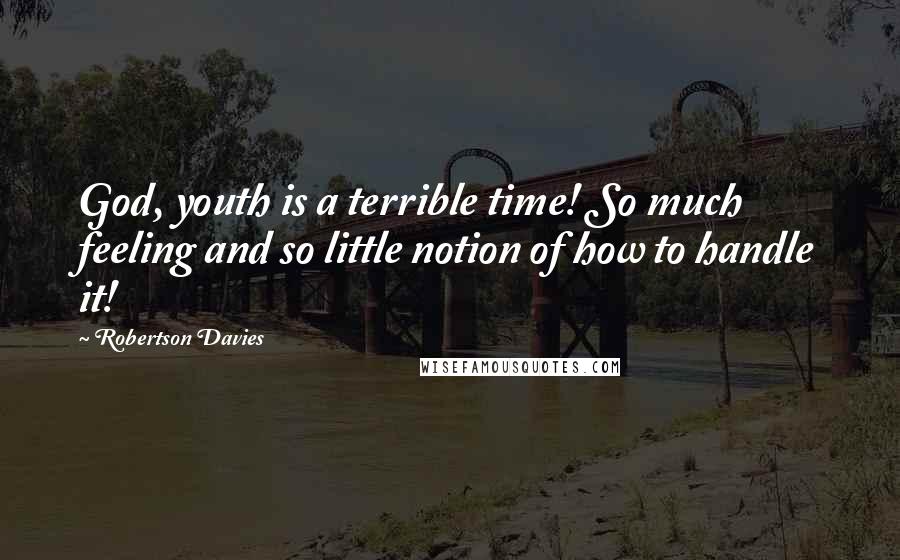 Robertson Davies Quotes: God, youth is a terrible time! So much feeling and so little notion of how to handle it!