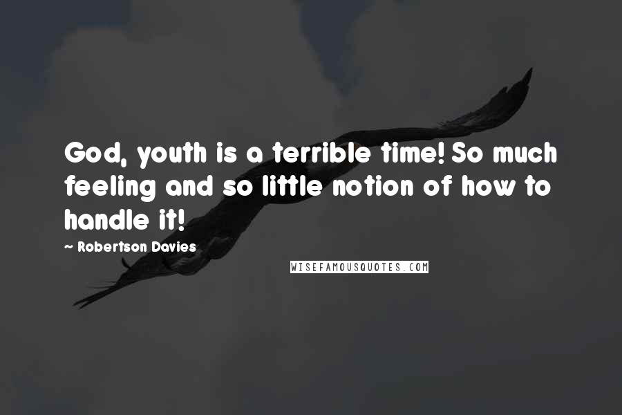 Robertson Davies Quotes: God, youth is a terrible time! So much feeling and so little notion of how to handle it!