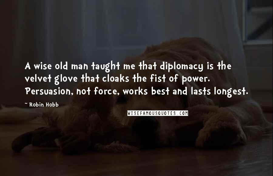 Robin Hobb Quotes: A wise old man taught me that diplomacy is the velvet glove that cloaks the fist of power. Persuasion, not force, works best and lasts longest.