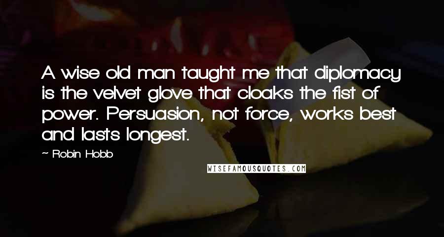 Robin Hobb Quotes: A wise old man taught me that diplomacy is the velvet glove that cloaks the fist of power. Persuasion, not force, works best and lasts longest.