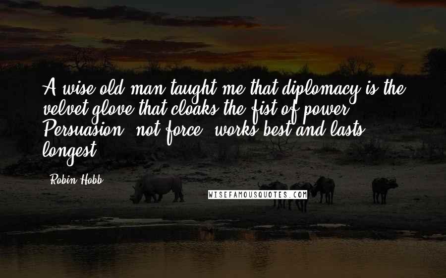 Robin Hobb Quotes: A wise old man taught me that diplomacy is the velvet glove that cloaks the fist of power. Persuasion, not force, works best and lasts longest.