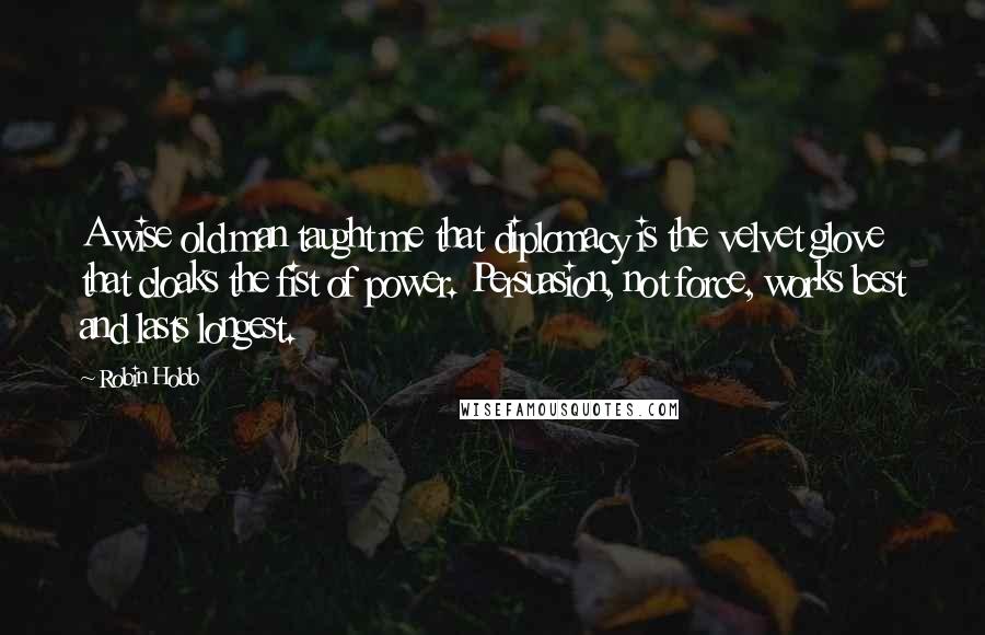 Robin Hobb Quotes: A wise old man taught me that diplomacy is the velvet glove that cloaks the fist of power. Persuasion, not force, works best and lasts longest.