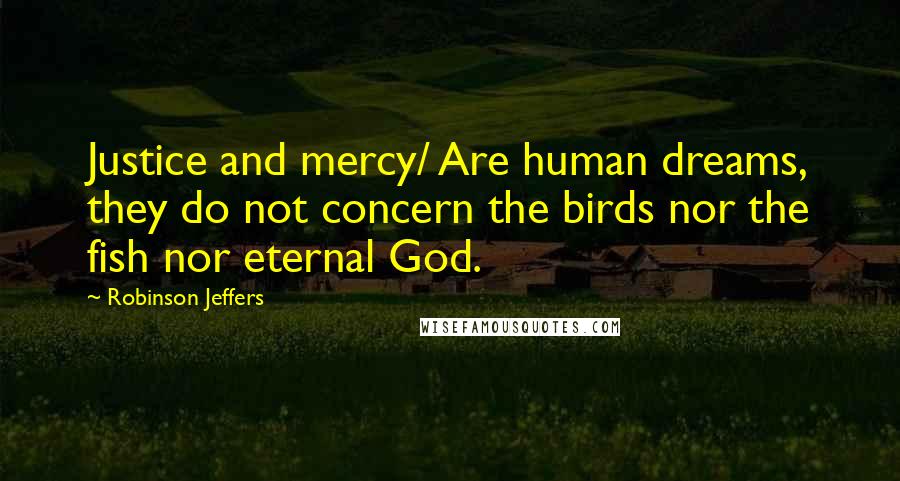 Robinson Jeffers Quotes: Justice and mercy/ Are human dreams, they do not concern the birds nor the fish nor eternal God.