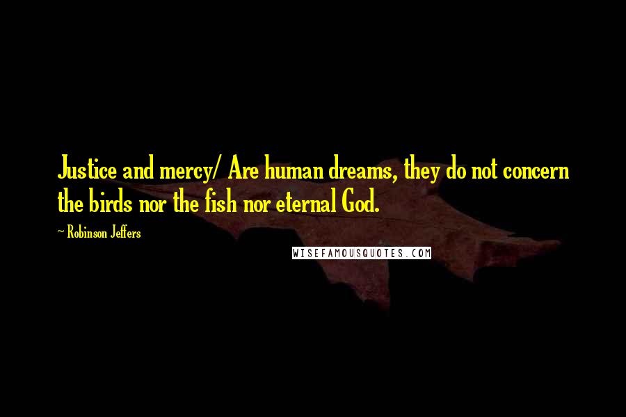 Robinson Jeffers Quotes: Justice and mercy/ Are human dreams, they do not concern the birds nor the fish nor eternal God.