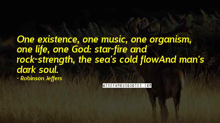 Robinson Jeffers Quotes: One existence, one music, one organism, one life, one God: star-fire and rock-strength, the sea's cold flowAnd man's dark soul.