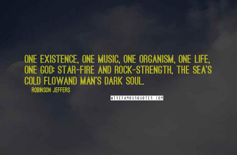 Robinson Jeffers Quotes: One existence, one music, one organism, one life, one God: star-fire and rock-strength, the sea's cold flowAnd man's dark soul.