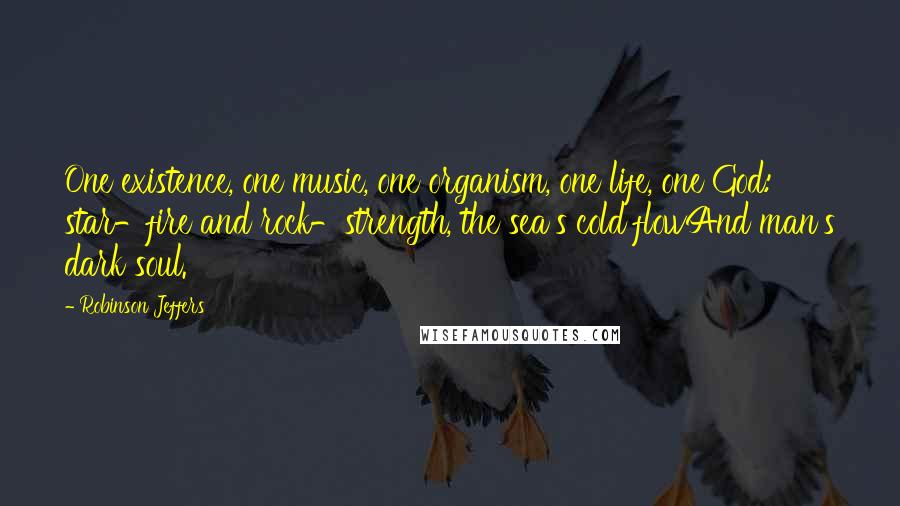 Robinson Jeffers Quotes: One existence, one music, one organism, one life, one God: star-fire and rock-strength, the sea's cold flowAnd man's dark soul.