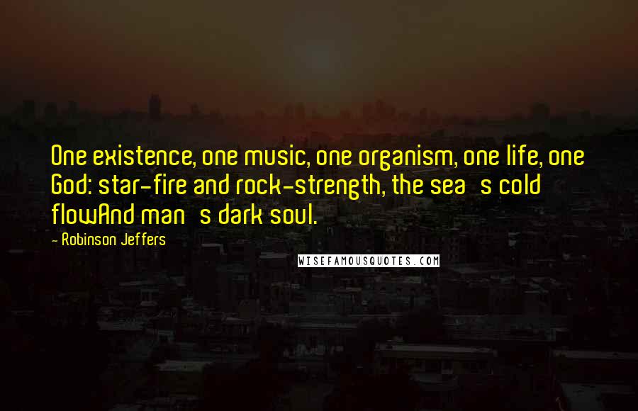 Robinson Jeffers Quotes: One existence, one music, one organism, one life, one God: star-fire and rock-strength, the sea's cold flowAnd man's dark soul.