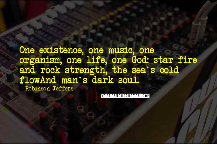 Robinson Jeffers Quotes: One existence, one music, one organism, one life, one God: star-fire and rock-strength, the sea's cold flowAnd man's dark soul.