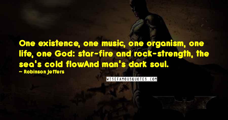 Robinson Jeffers Quotes: One existence, one music, one organism, one life, one God: star-fire and rock-strength, the sea's cold flowAnd man's dark soul.