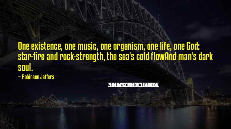 Robinson Jeffers Quotes: One existence, one music, one organism, one life, one God: star-fire and rock-strength, the sea's cold flowAnd man's dark soul.