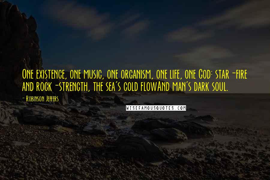 Robinson Jeffers Quotes: One existence, one music, one organism, one life, one God: star-fire and rock-strength, the sea's cold flowAnd man's dark soul.