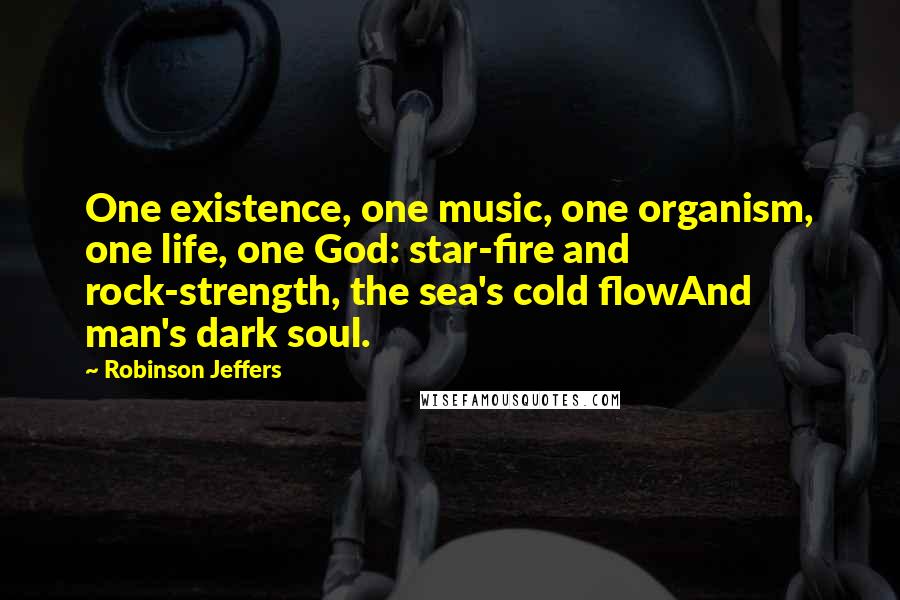 Robinson Jeffers Quotes: One existence, one music, one organism, one life, one God: star-fire and rock-strength, the sea's cold flowAnd man's dark soul.