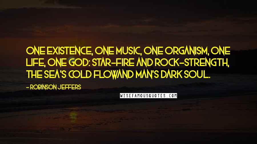 Robinson Jeffers Quotes: One existence, one music, one organism, one life, one God: star-fire and rock-strength, the sea's cold flowAnd man's dark soul.