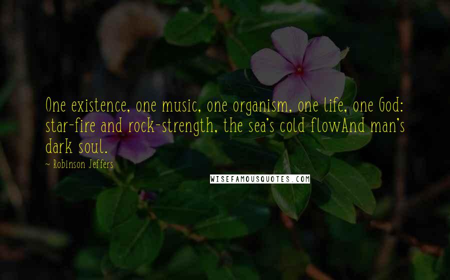 Robinson Jeffers Quotes: One existence, one music, one organism, one life, one God: star-fire and rock-strength, the sea's cold flowAnd man's dark soul.