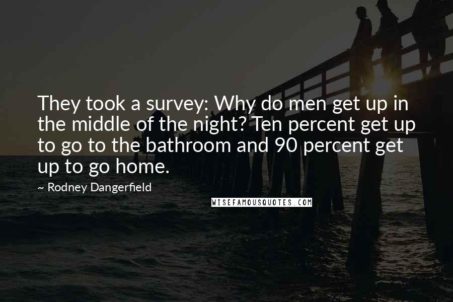 Rodney Dangerfield Quotes: They took a survey: Why do men get up in the middle of the night? Ten percent get up to go to the bathroom and 90 percent get up to go home.