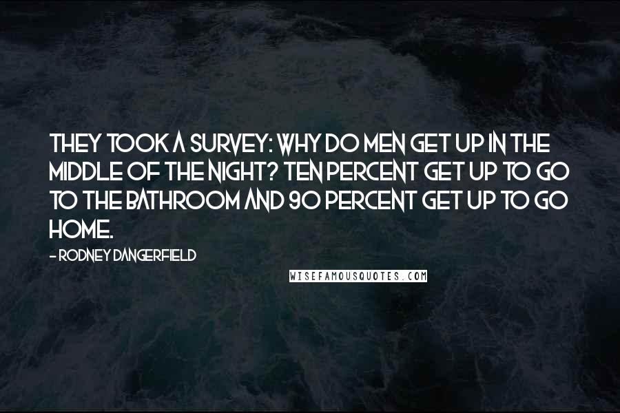 Rodney Dangerfield Quotes: They took a survey: Why do men get up in the middle of the night? Ten percent get up to go to the bathroom and 90 percent get up to go home.