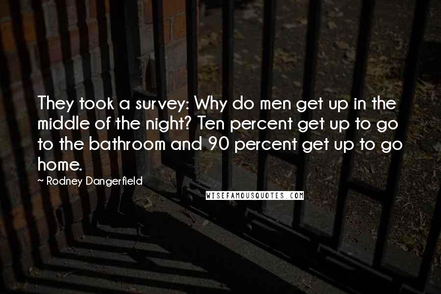 Rodney Dangerfield Quotes: They took a survey: Why do men get up in the middle of the night? Ten percent get up to go to the bathroom and 90 percent get up to go home.