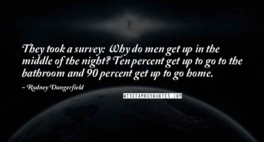 Rodney Dangerfield Quotes: They took a survey: Why do men get up in the middle of the night? Ten percent get up to go to the bathroom and 90 percent get up to go home.