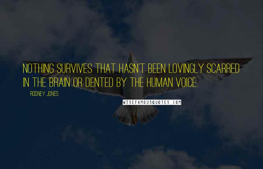 Rodney Jones Quotes: Nothing survives that hasn't been lovingly scarred in the brain or dented by the human voice.