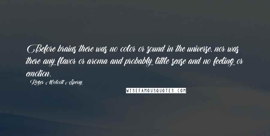 Roger Wolcott Sperry Quotes: Before brains there was no color or sound in the universe, nor was there any flavor or aroma and probably little sense and no feeling or emotion.