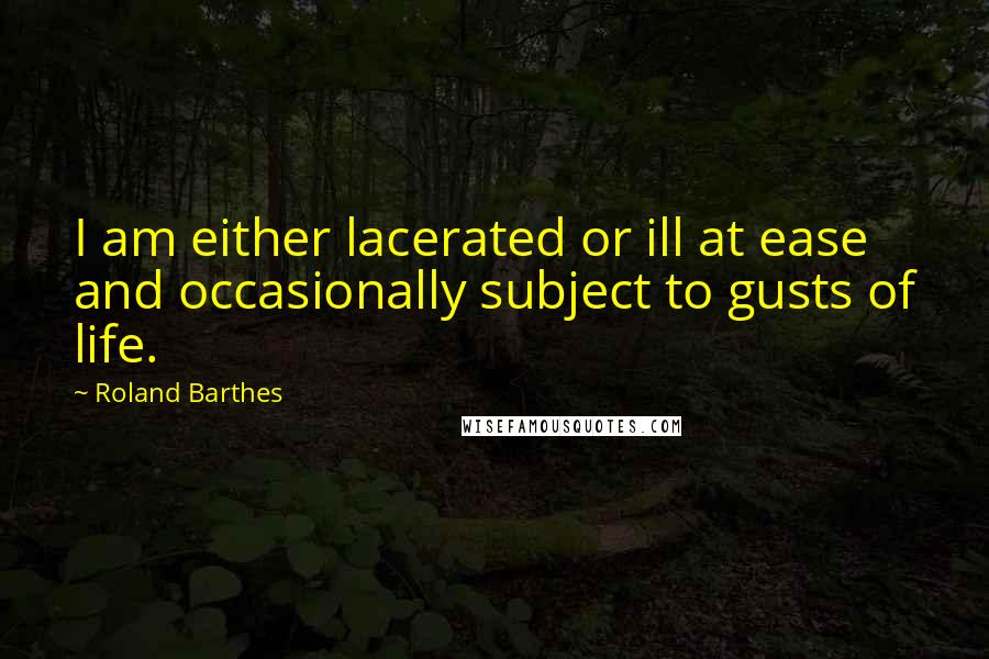 Roland Barthes Quotes: I am either lacerated or ill at ease and occasionally subject to gusts of life.
