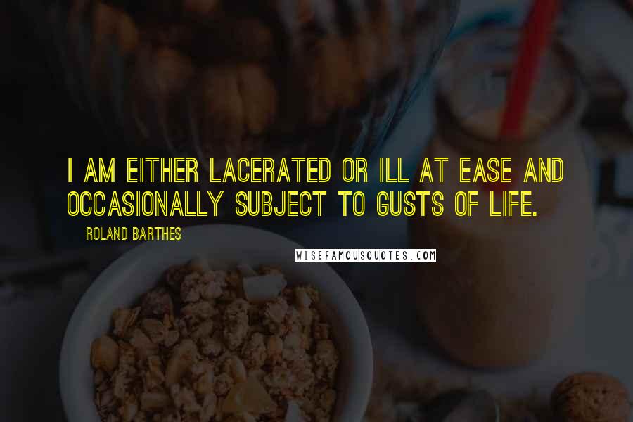 Roland Barthes Quotes: I am either lacerated or ill at ease and occasionally subject to gusts of life.