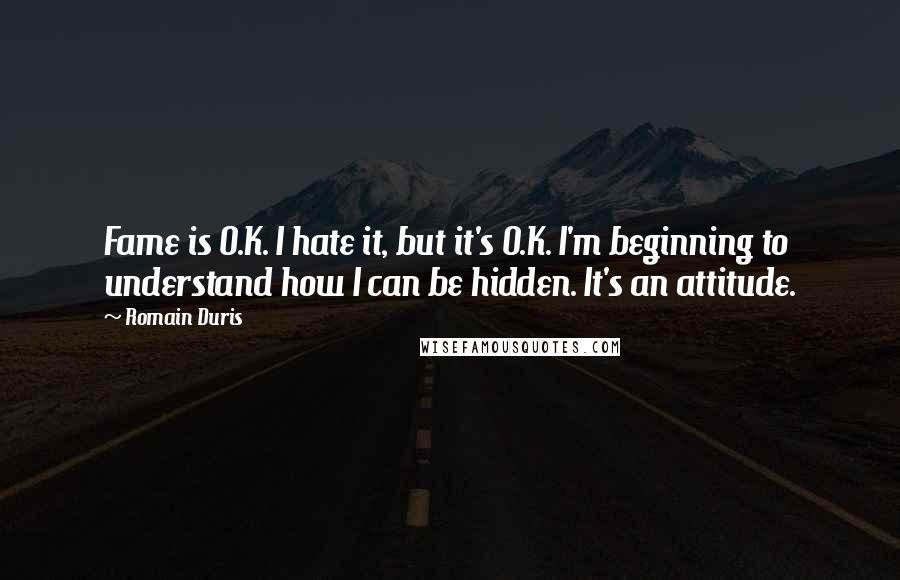 Romain Duris Quotes: Fame is O.K. I hate it, but it's O.K. I'm beginning to understand how I can be hidden. It's an attitude.