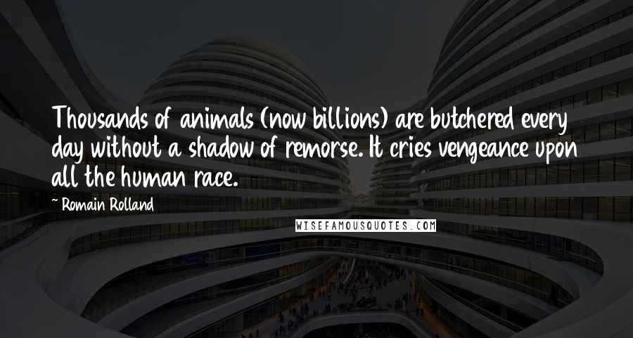 Romain Rolland Quotes: Thousands of animals (now billions) are butchered every day without a shadow of remorse. It cries vengeance upon all the human race.