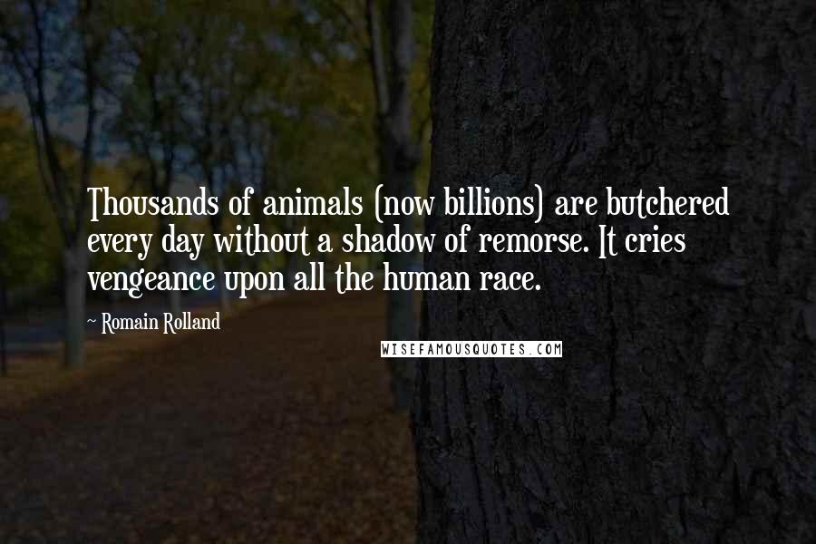 Romain Rolland Quotes: Thousands of animals (now billions) are butchered every day without a shadow of remorse. It cries vengeance upon all the human race.