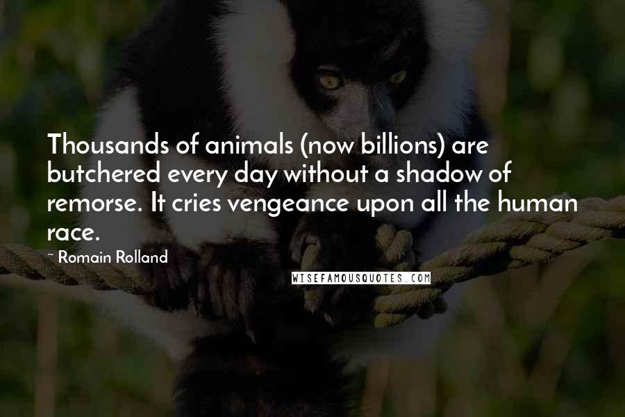 Romain Rolland Quotes: Thousands of animals (now billions) are butchered every day without a shadow of remorse. It cries vengeance upon all the human race.