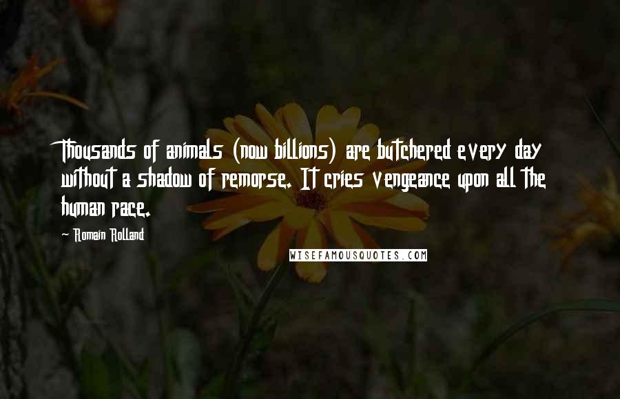 Romain Rolland Quotes: Thousands of animals (now billions) are butchered every day without a shadow of remorse. It cries vengeance upon all the human race.