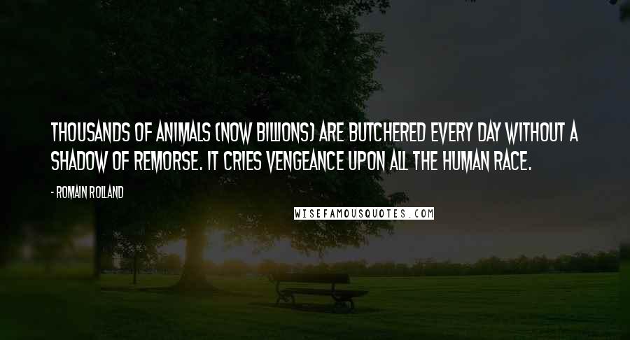 Romain Rolland Quotes: Thousands of animals (now billions) are butchered every day without a shadow of remorse. It cries vengeance upon all the human race.