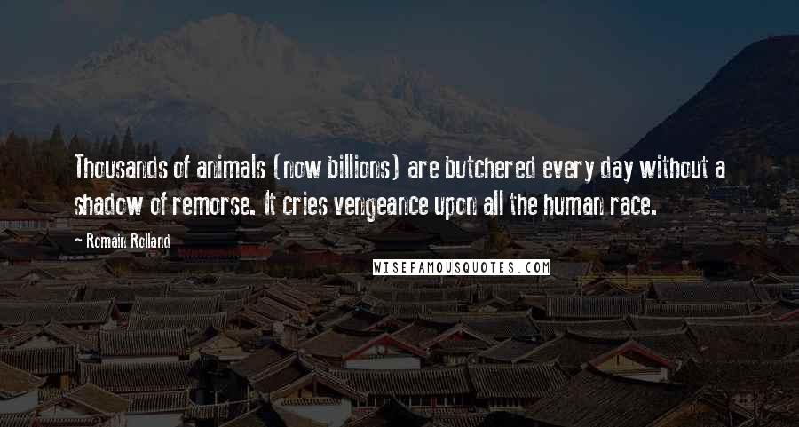 Romain Rolland Quotes: Thousands of animals (now billions) are butchered every day without a shadow of remorse. It cries vengeance upon all the human race.